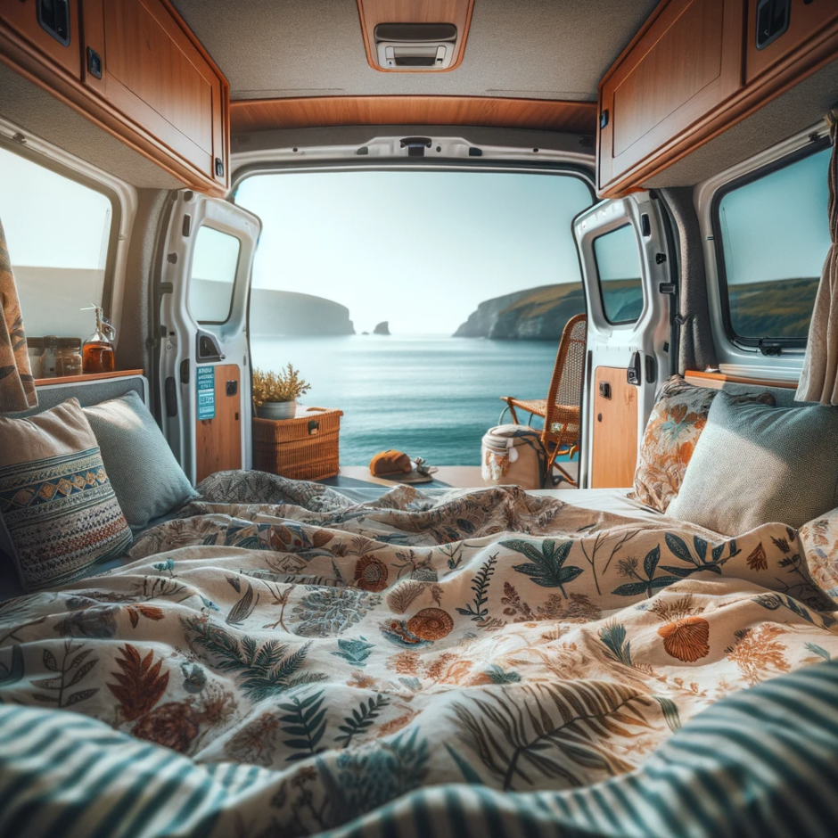 Fantasie Camper am Meer mit Bettdecke