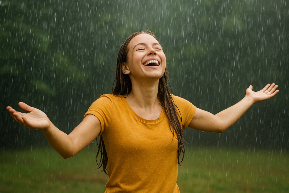 Frau tanzt im Summerrain (KI erzeugt)