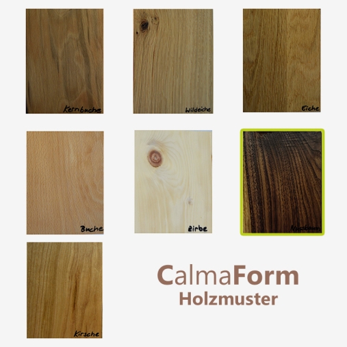 Übersicht Holzmuster Massivholz Bett CalmaForm Nussbaum von purNatour